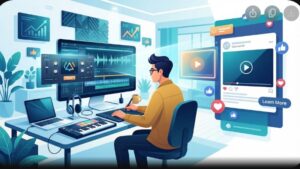 Современная иллюстрация процесса создания видеокреативов для VST-плагинов в рекламном кабинете Facebook