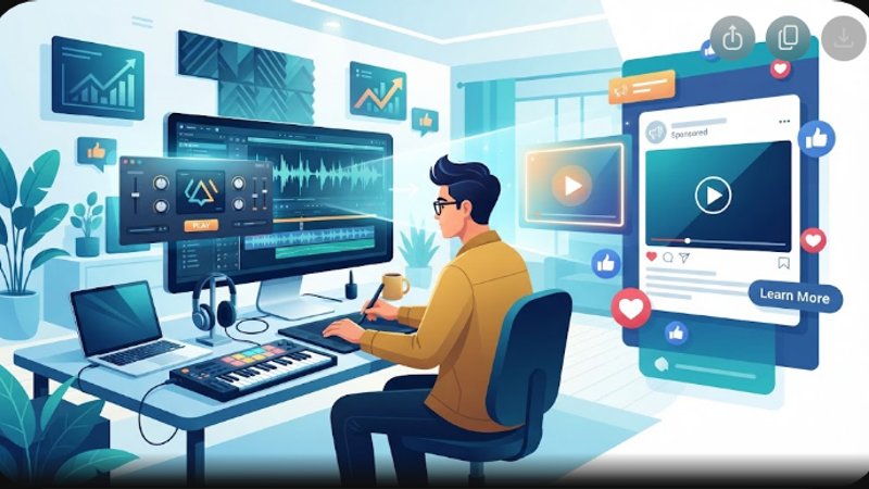 Современная иллюстрация процесса создания видеокреативов для VST-плагинов в рекламном кабинете Facebook