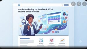 Современная иллюстрация аудиомаркетинга в Facebook для продажи программного обеспечения в стиле бизнес-блога